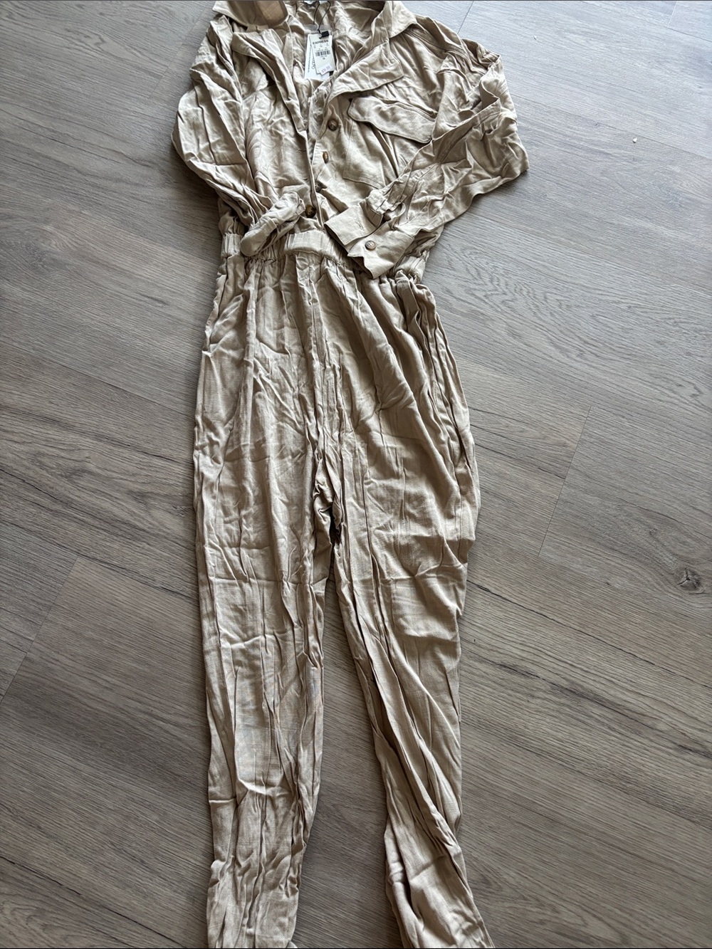 Express Khaki Beige Long-Sleeve Utility Jumpsuit